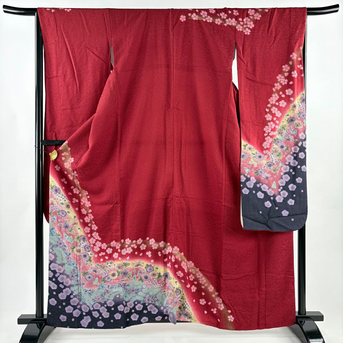 【美品】振袖禮服 身長161cm 袖長66.5cm M 雙層 蝶 櫻花 金通し 金銀彩 紅 純蠶絲 名品級