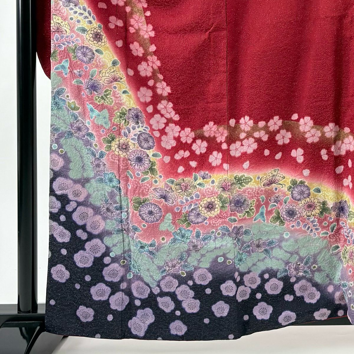 【美品】振袖禮服 身長161cm 袖長66.5cm M 雙層 蝶 櫻花 金通し 金銀彩 紅 純蠶絲 名品級
