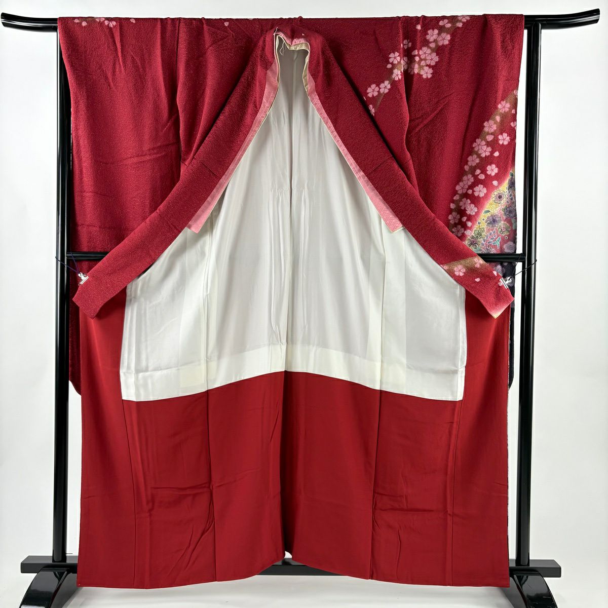 【美品】振袖禮服 身長161cm 袖長66.5cm M 雙層 蝶 櫻花 金通し 金銀彩 紅 純蠶絲 名品級