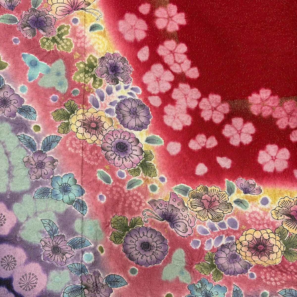 【美品】振袖禮服 身長161cm 袖長66.5cm M 雙層 蝶 櫻花 金通し 金銀彩 紅 純蠶絲 名品級