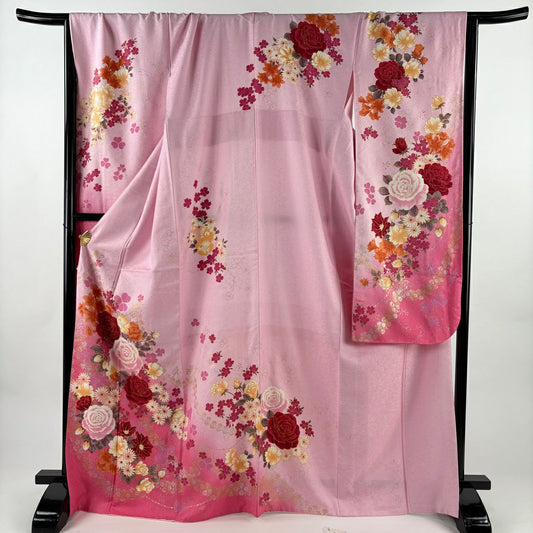 【美品】振袖禮服 身長168.5cm 袖長71cm L 雙層 薔薇 櫻花 銀通し 金銀彩 粉紅 純蠶絲 名品級