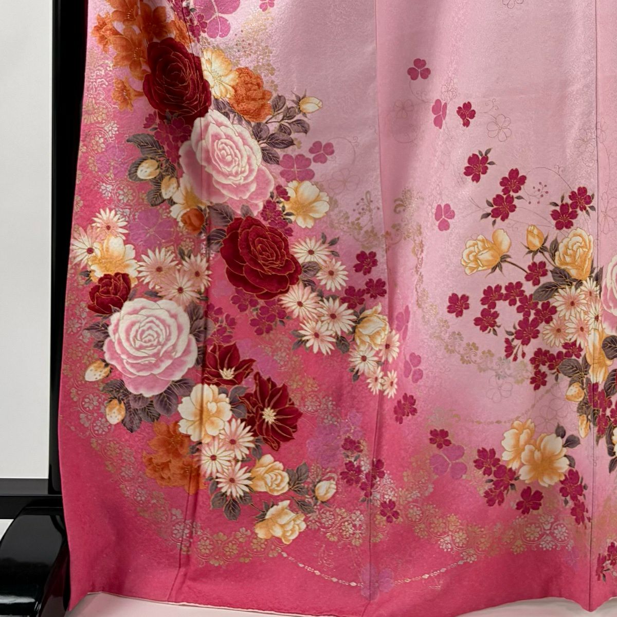 【美品】振袖禮服 身長168.5cm 袖長71cm L 雙層 薔薇 櫻花 銀通し 金銀彩 粉紅 純蠶絲 名品級