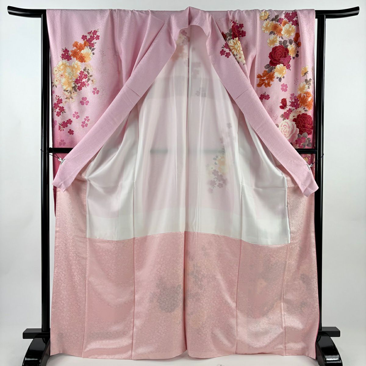【美品】振袖禮服 身長168.5cm 袖長71cm L 雙層 薔薇 櫻花 銀通し 金銀彩 粉紅 純蠶絲 名品級