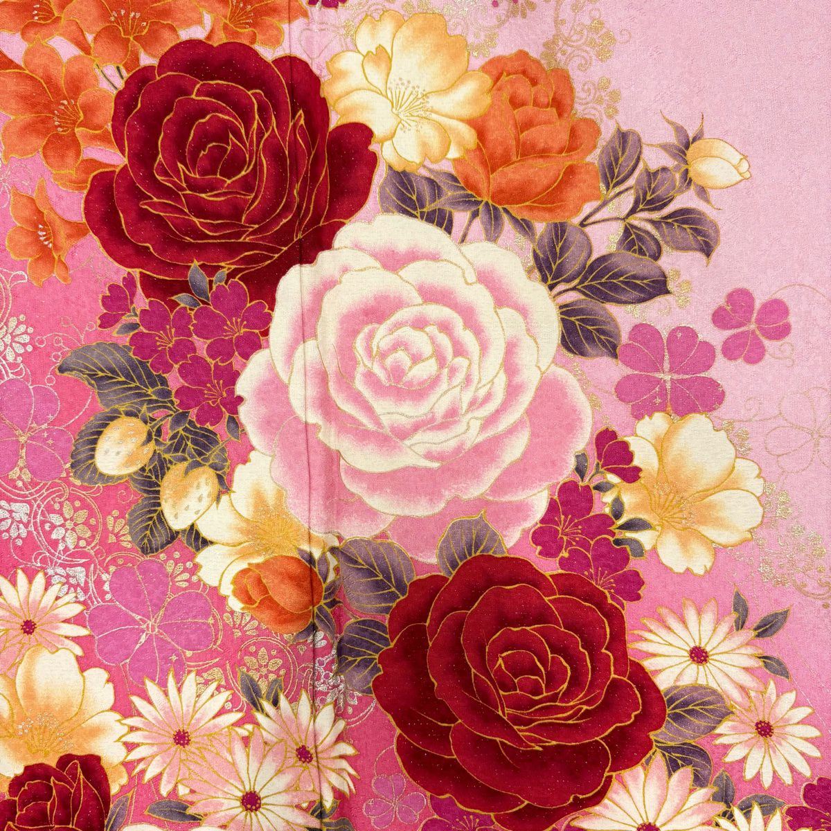 【美品】振袖禮服 身長168.5cm 袖長71cm L 雙層 薔薇 櫻花 銀通し 金銀彩 粉紅 純蠶絲 名品級
