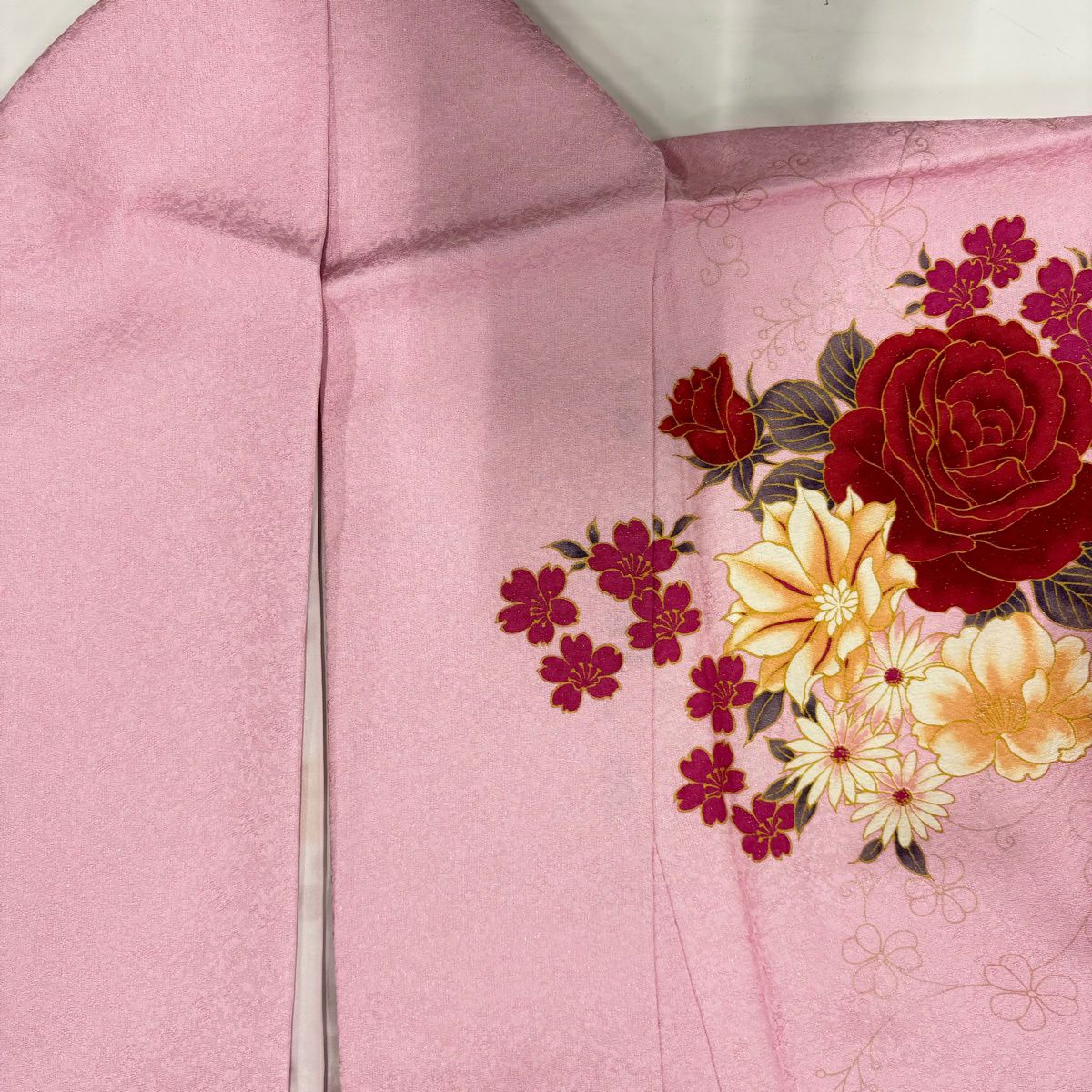 【美品】振袖禮服 身長168.5cm 袖長71cm L 雙層 薔薇 櫻花 銀通し 金銀彩 粉紅 純蠶絲 名品級