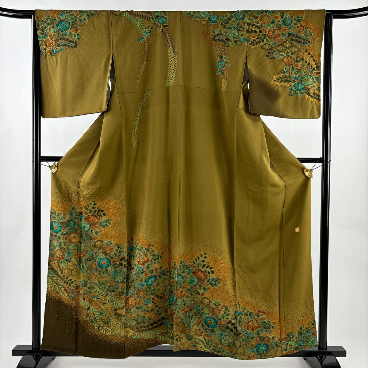 【美品】訪問服 身長159cm 袖長65.5cm M 雙層 落款あり 辻花染 霞 漸層 黃土色 純蠶絲 名品級