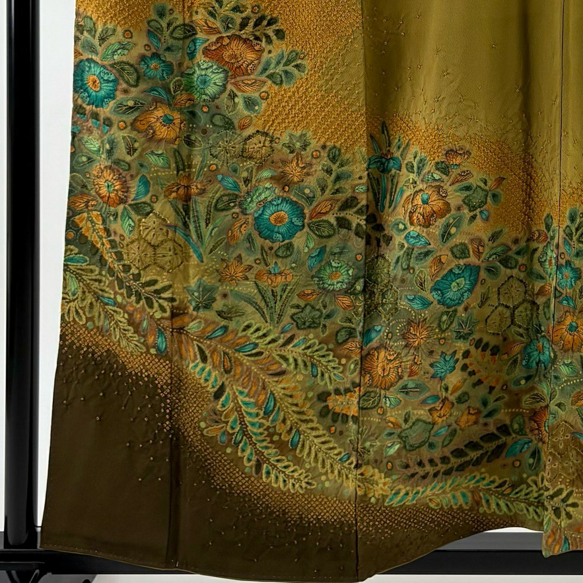 【美品】訪問服 身長159cm 袖長65.5cm M 雙層 落款あり 辻花染 霞 漸層 黃土色 純蠶絲 名品級