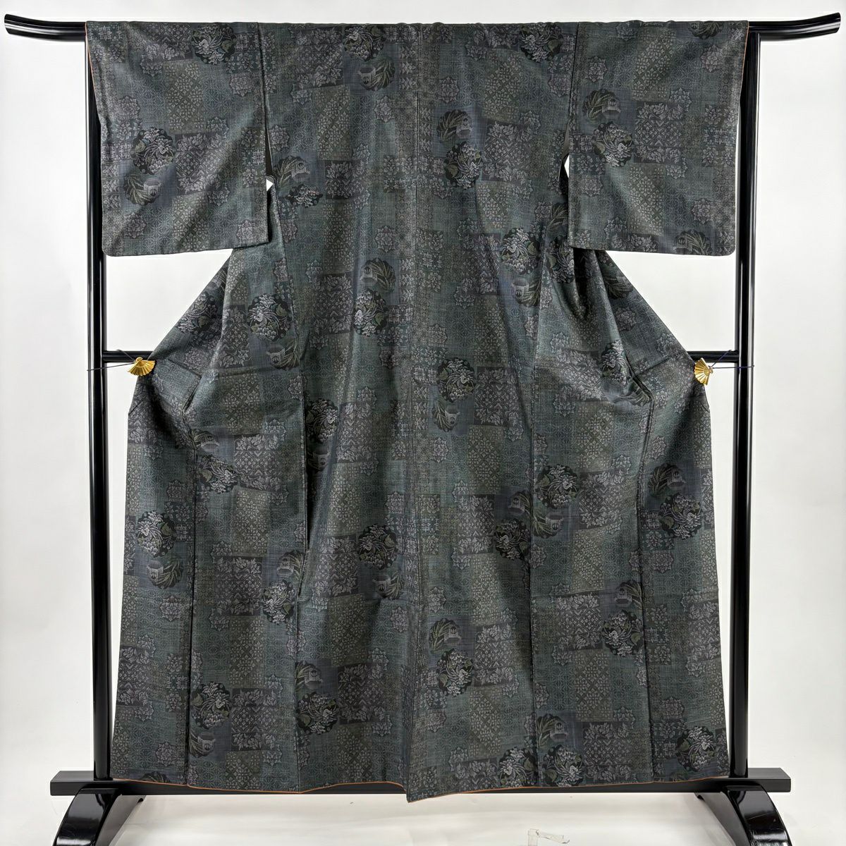 【美品】 紬織 身長160.5cm 袖長66cm M 雙層 草花紋紋 雪輪 灰綠 純蠶絲 名品級