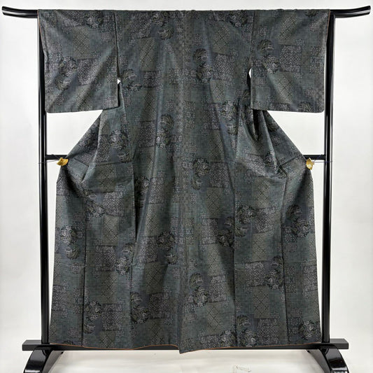 【美品】 紬織 身長160.5cm 袖長66cm M 雙層 草花紋紋 雪輪 灰綠 純蠶絲 名品級