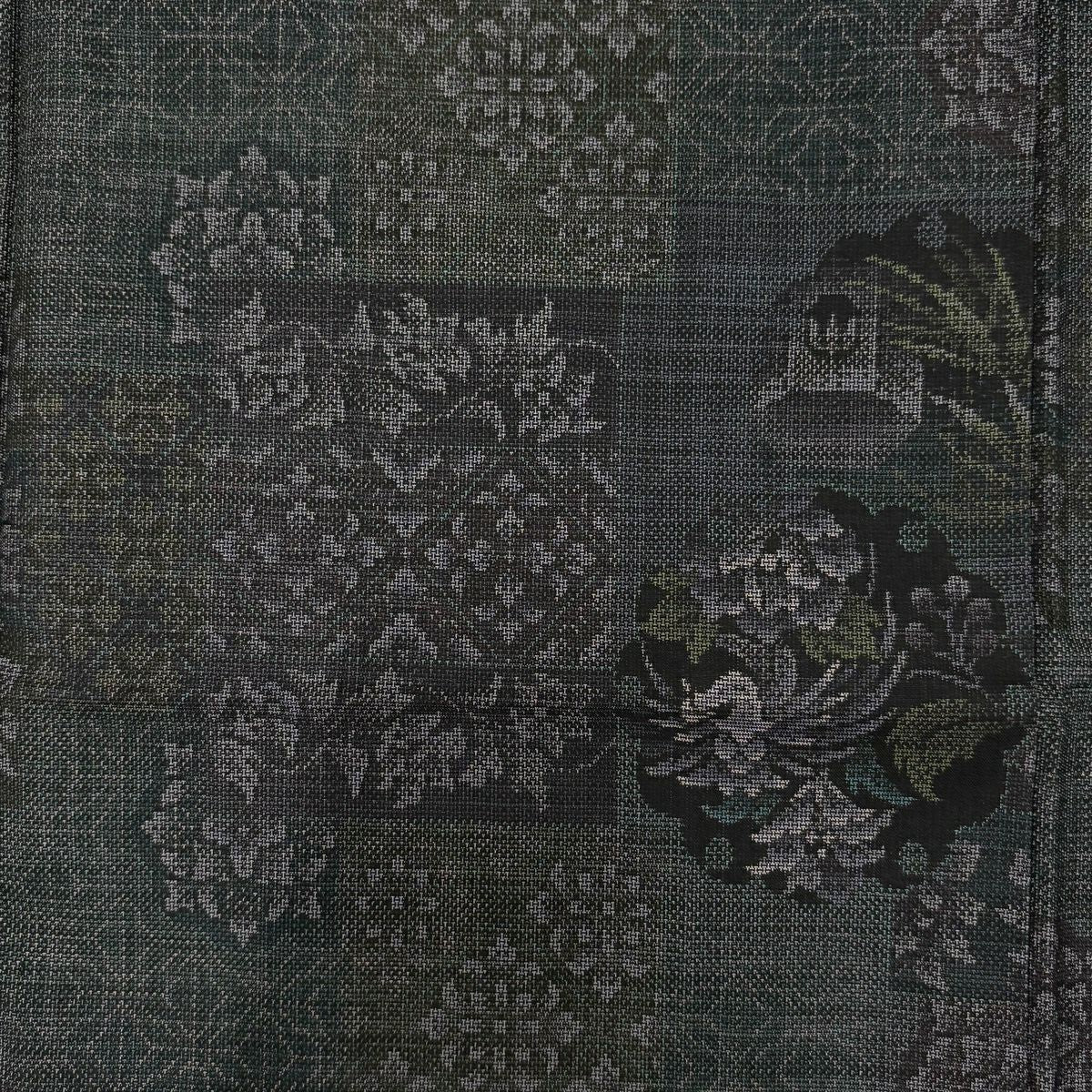 【美品】 紬織 身長160.5cm 袖長66cm M 雙層 草花紋紋 雪輪 灰綠 純蠶絲 名品級