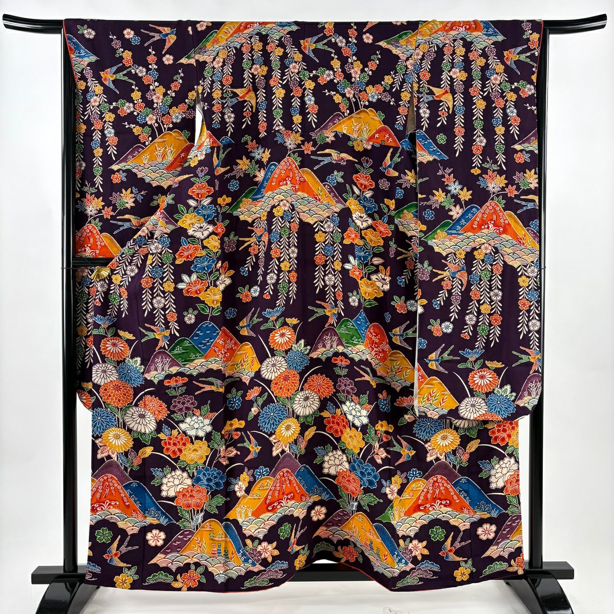 振袖禮服 身長158.5cm 袖長64.5cm M 雙層 菊花 山並 草花紋紋 純蠶絲 名品級