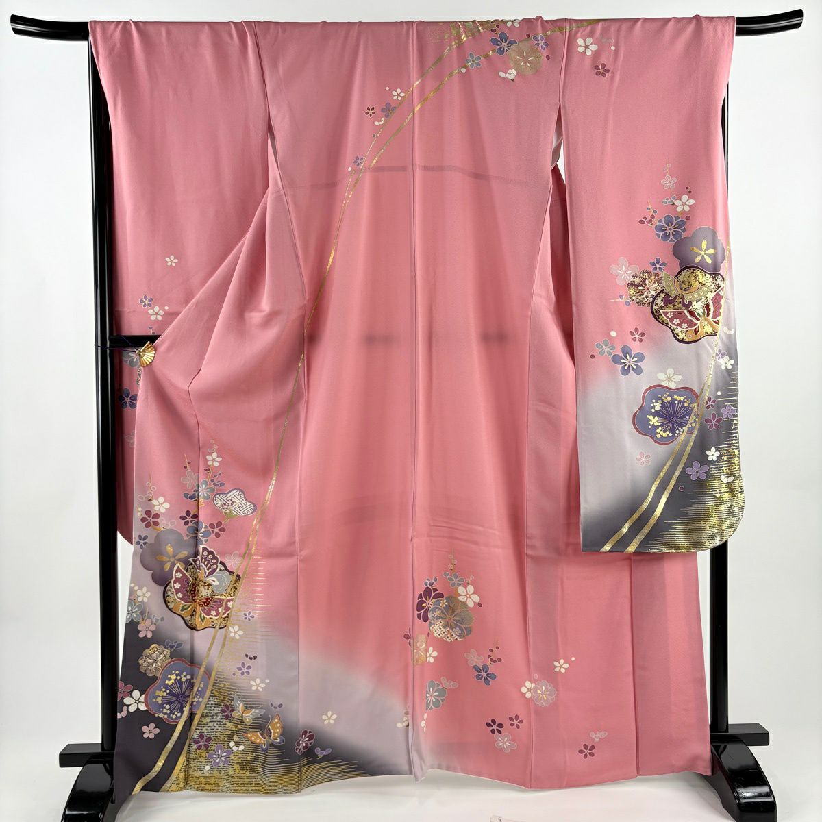 【美品】振袖禮服 身長165cm 袖長69cm L 雙層 蝶 枝梅花 金絲 金銀彩 粉紅 純蠶絲 名品級