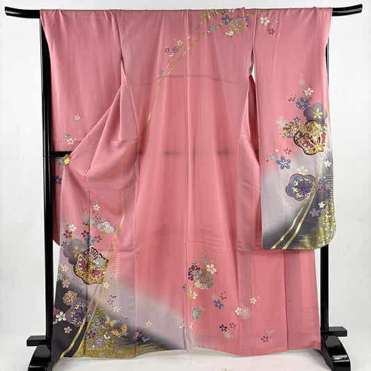 【美品】振袖禮服 身長165cm 袖長69cm L 雙層 蝶 枝梅花 金絲 金銀彩 粉紅 純蠶絲 名品級