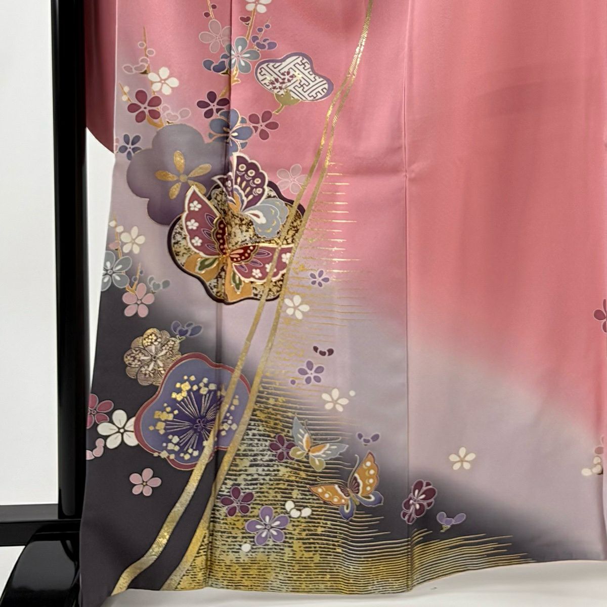 【美品】振袖禮服 身長165cm 袖長69cm L 雙層 蝶 枝梅花 金絲 金銀彩 粉紅 純蠶絲 名品級