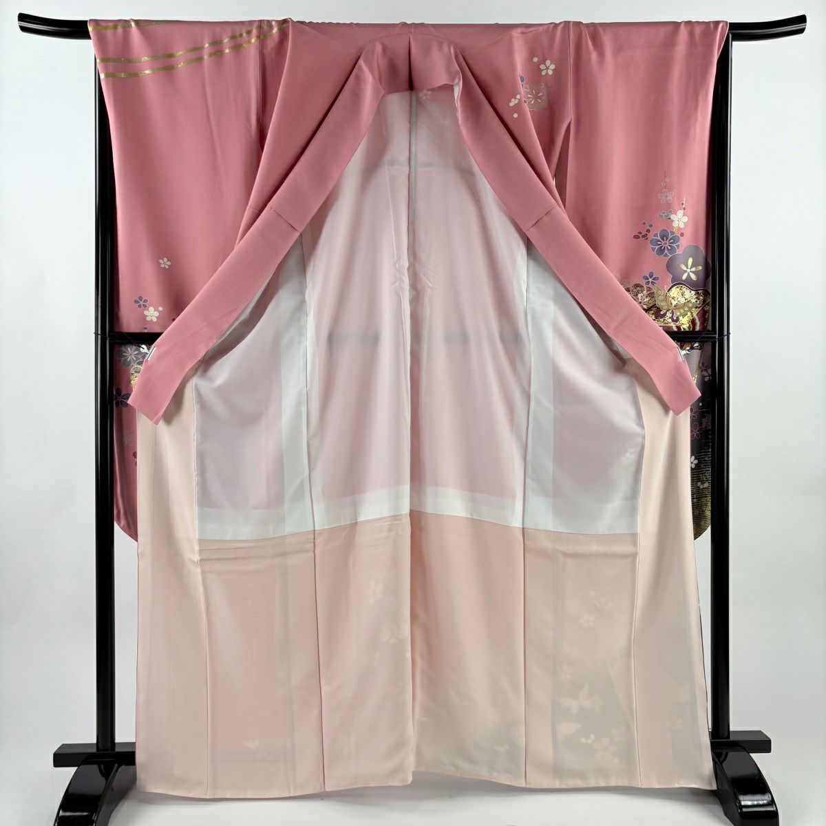 【美品】振袖禮服 身長165cm 袖長69cm L 雙層 蝶 枝梅花 金絲 金銀彩 粉紅 純蠶絲 名品級