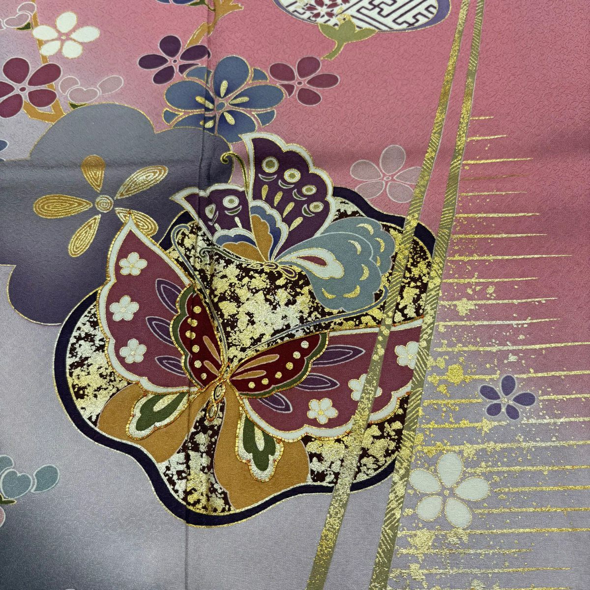 【美品】振袖禮服 身長165cm 袖長69cm L 雙層 蝶 枝梅花 金絲 金銀彩 粉紅 純蠶絲 名品級