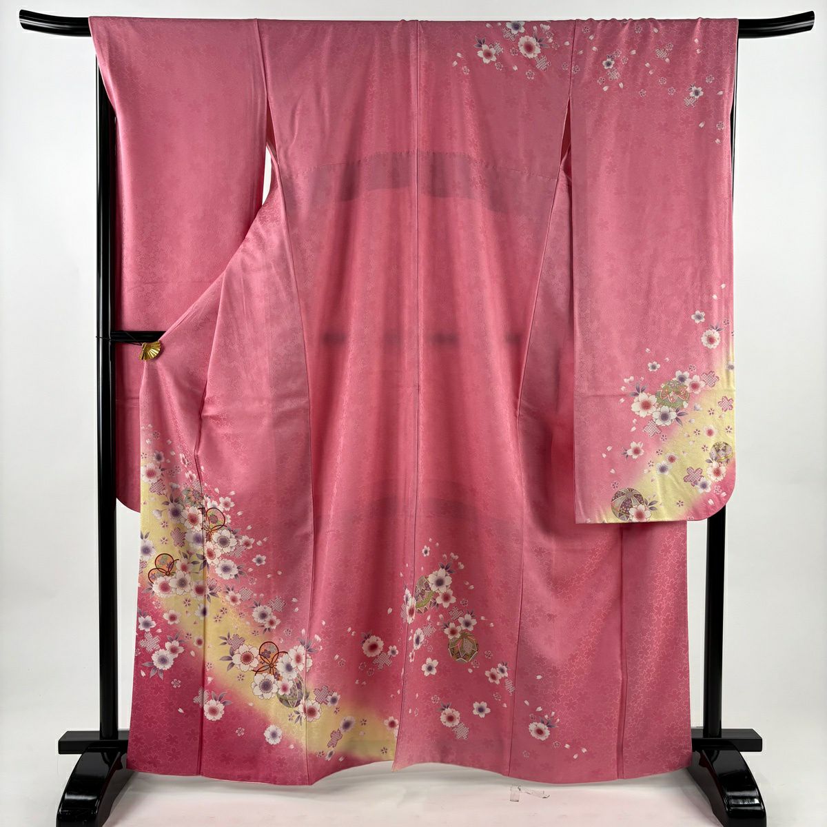 【美品】振袖禮服 身長164cm 袖長67.5cm L 雙層 櫻花 手毬 金銀彩 漸層 粉色 純蠶絲 名品級
