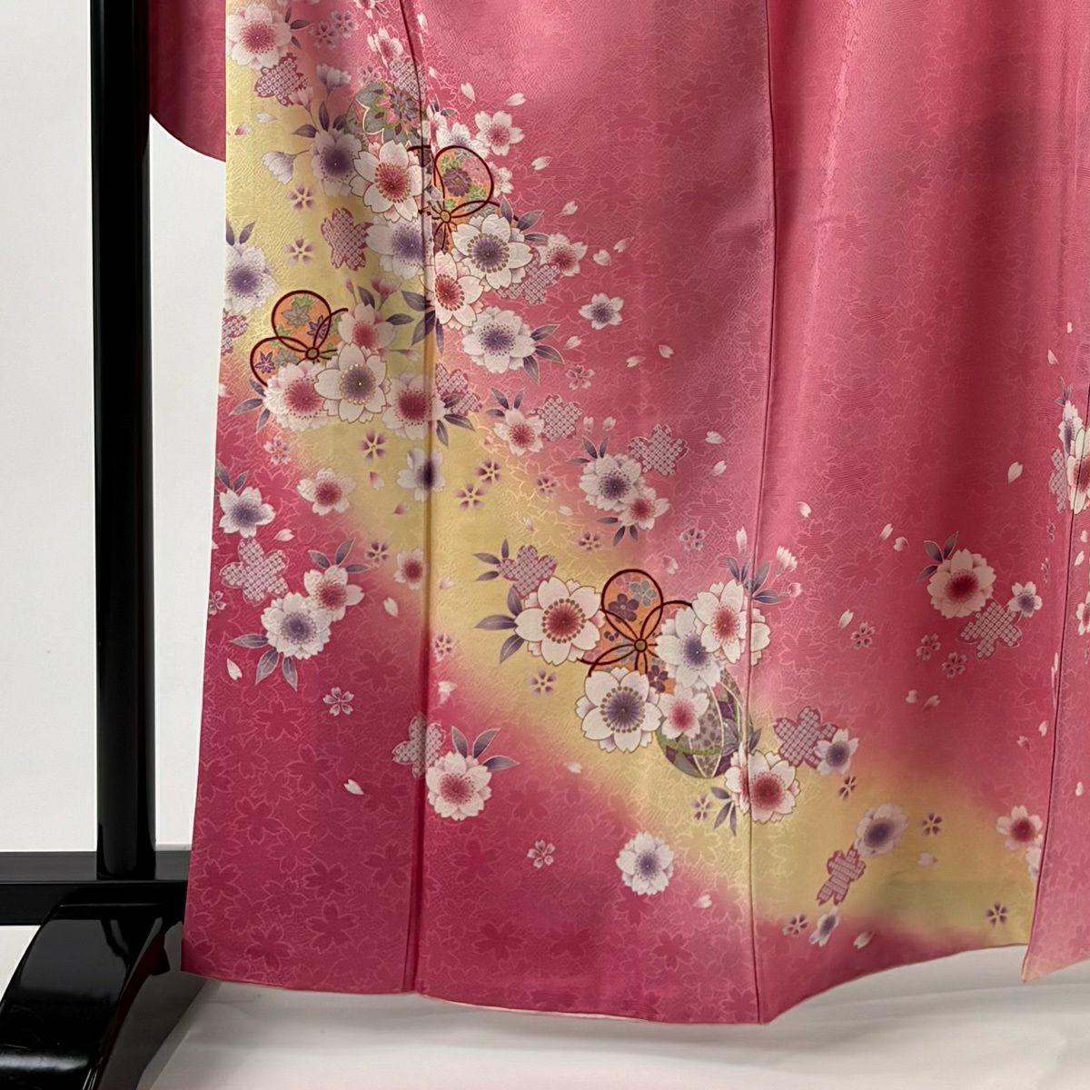 【美品】振袖禮服 身長164cm 袖長67.5cm L 雙層 櫻花 手毬 金銀彩 漸層 粉色 純蠶絲 名品級