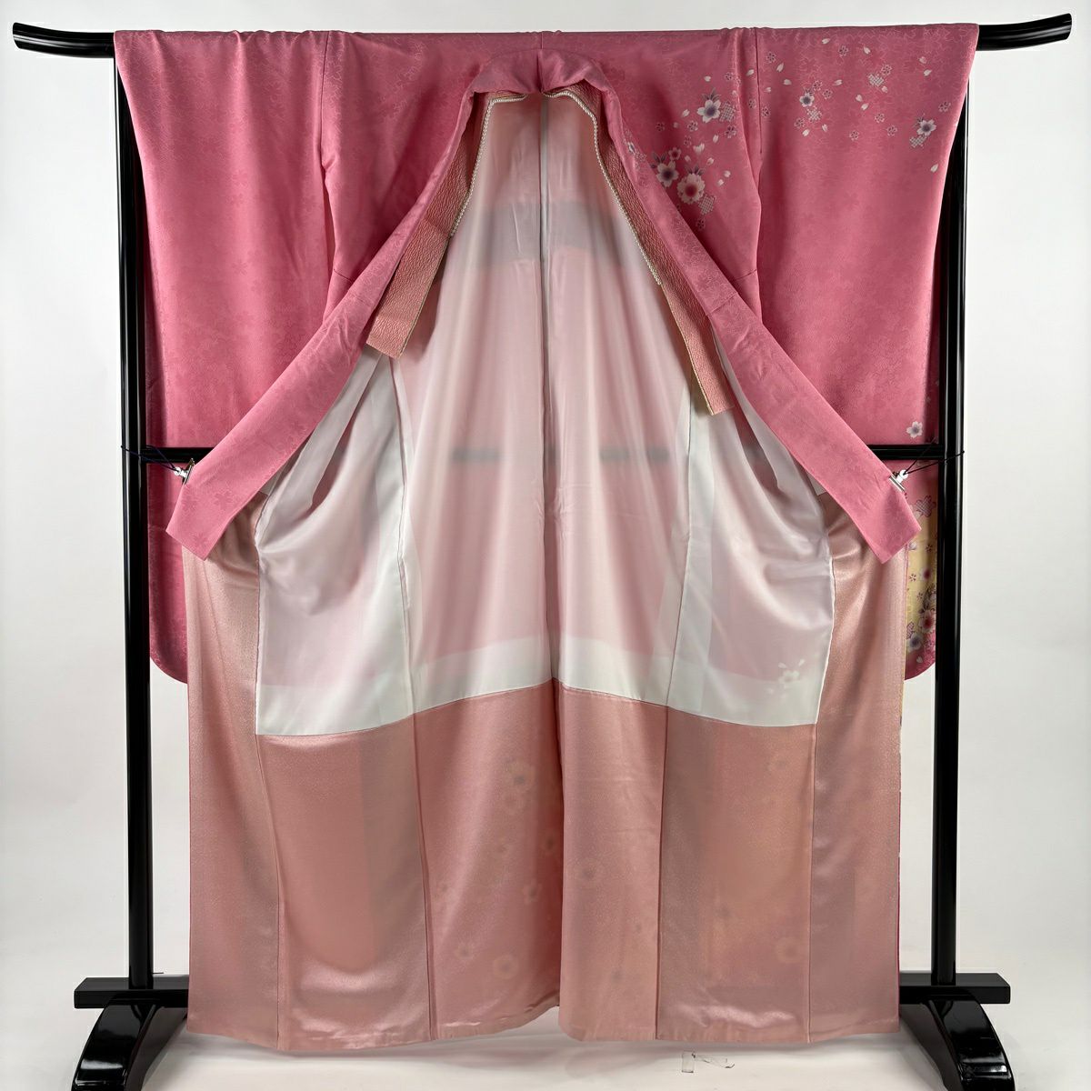 【美品】振袖禮服 身長164cm 袖長67.5cm L 雙層 櫻花 手毬 金銀彩 漸層 粉色 純蠶絲 名品級