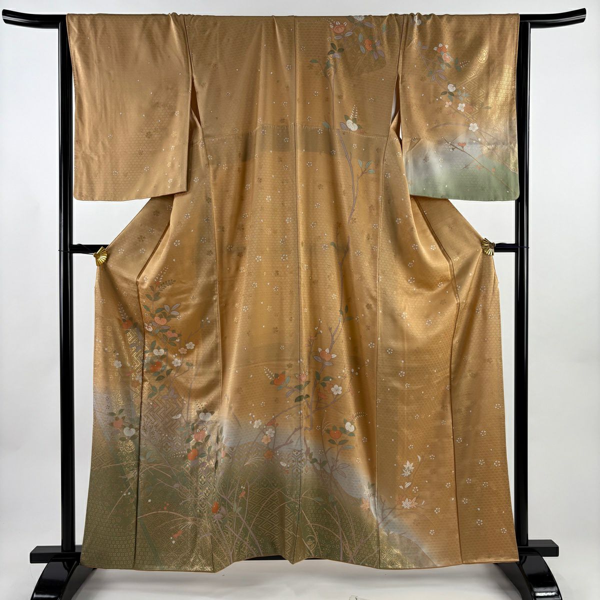 訪問服 身長161.5cm 袖長66cm M 雙層 橘花 枝梅花 金彩裝飾 漸層 淡橙色 純蠶絲 名品級