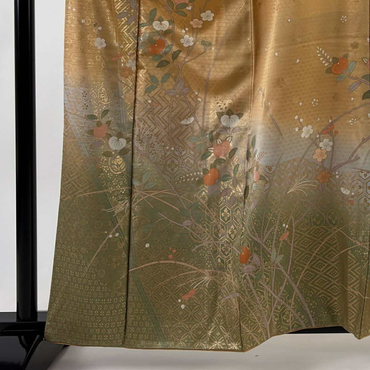 訪問服 身長161.5cm 袖長66cm M 雙層 橘花 枝梅花 金彩裝飾 漸層 淡橙色 純蠶絲 名品級