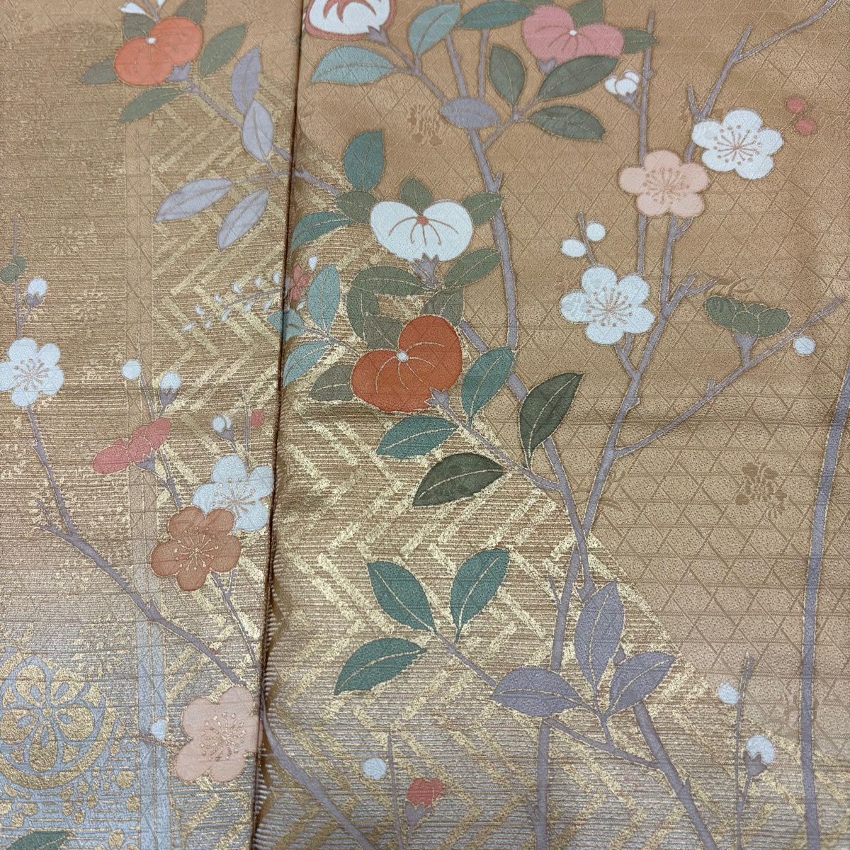 訪問服 身長161.5cm 袖長66cm M 雙層 橘花 枝梅花 金彩裝飾 漸層 淡橙色 純蠶絲 名品級