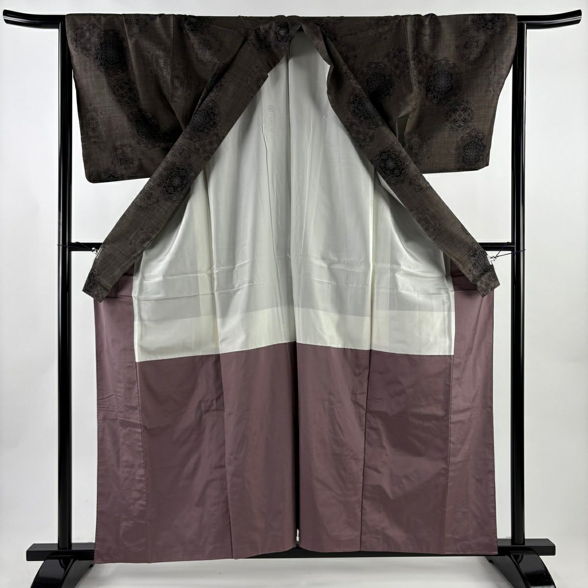 【美品】 紬織織 身長160.5cm 袖長65.5cm M 雙層 華紋 焦茶 純蠶絲 名品級