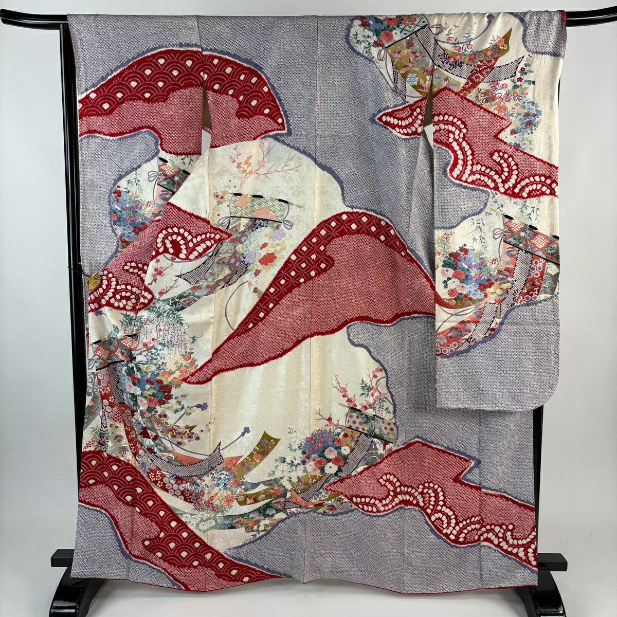 振袖禮服 身長165.5cm 袖長66.5cm M 雙層 幾帳 草花紋紋 金銀彩 絞染 淺紫 純蠶絲 名品級
