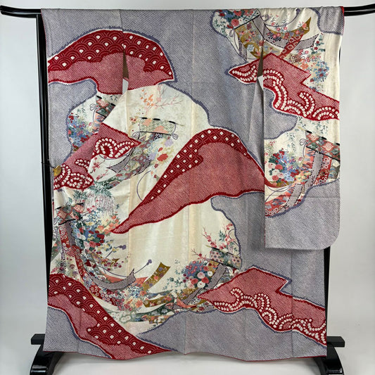 振袖禮服 身長165.5cm 袖長66.5cm M 雙層 幾帳 草花紋紋 金銀彩 絞染 淺紫 純蠶絲 名品級