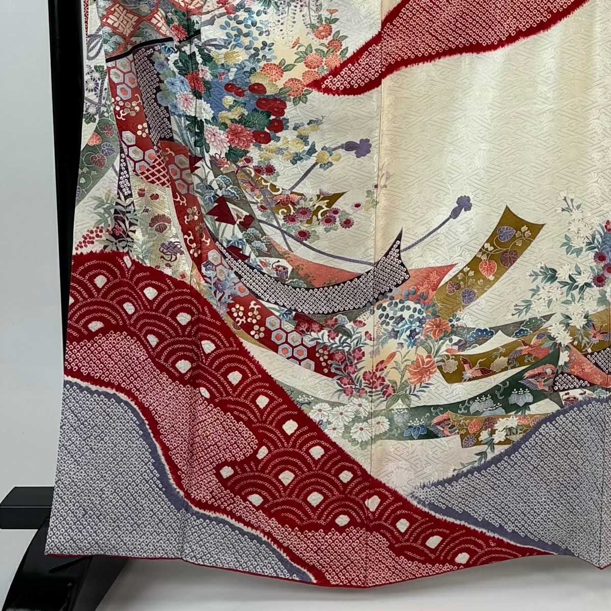 振袖禮服 身長165.5cm 袖長66.5cm M 雙層 幾帳 草花紋紋 金銀彩 絞染 淺紫 純蠶絲 名品級