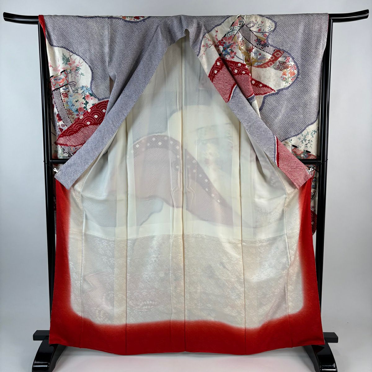 振袖禮服 身長165.5cm 袖長66.5cm M 雙層 幾帳 草花紋紋 金銀彩 絞染 淺紫 純蠶絲 名品級
