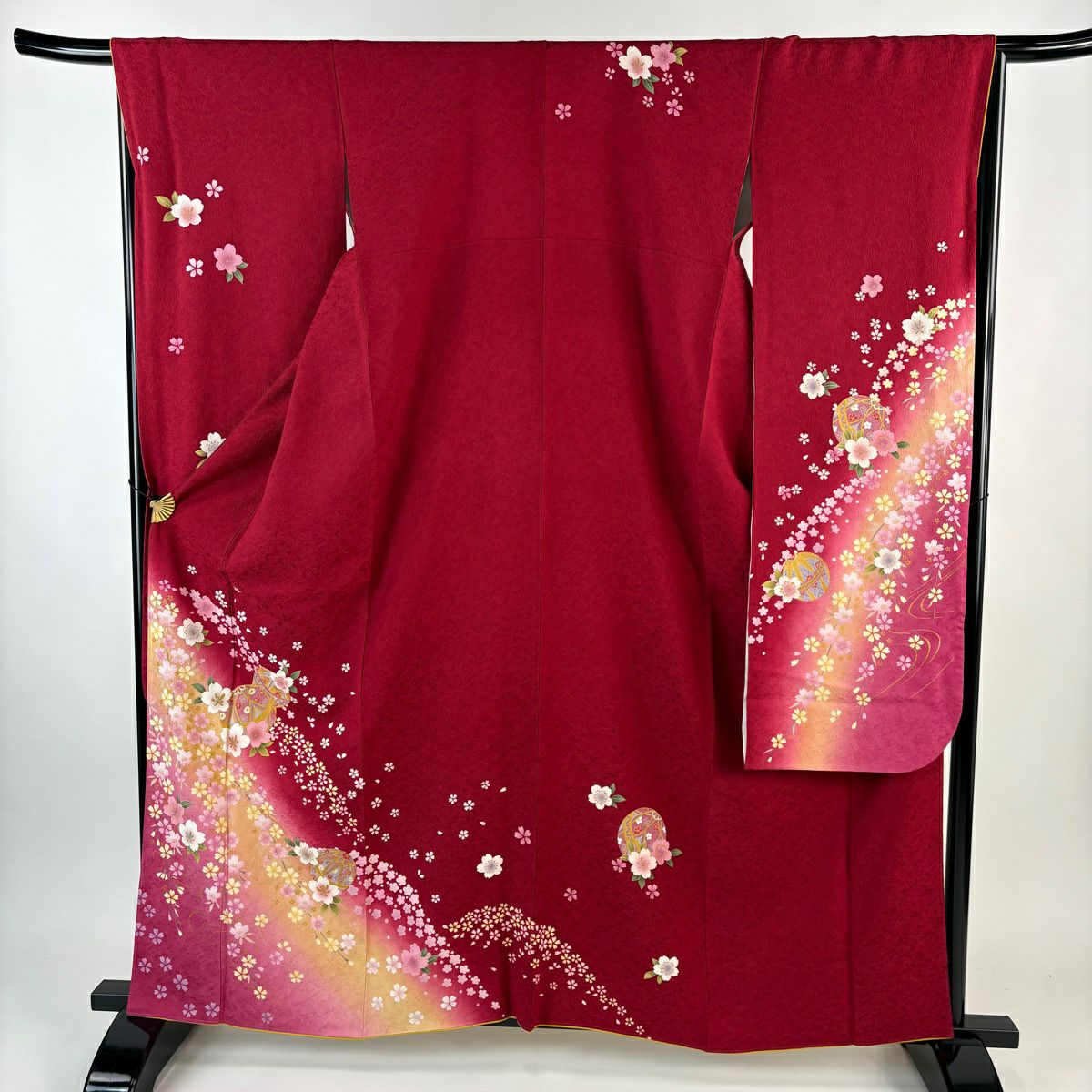 【美品】振袖禮服 身長160cm 袖長66cm M 雙層 手鞠 櫻花 金銀彩 紅 純蠶絲 名品級