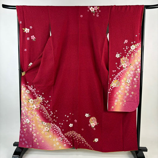 【美品】振袖禮服 身長160cm 袖長66cm M 雙層 手鞠 櫻花 金銀彩 紅 純蠶絲 名品級