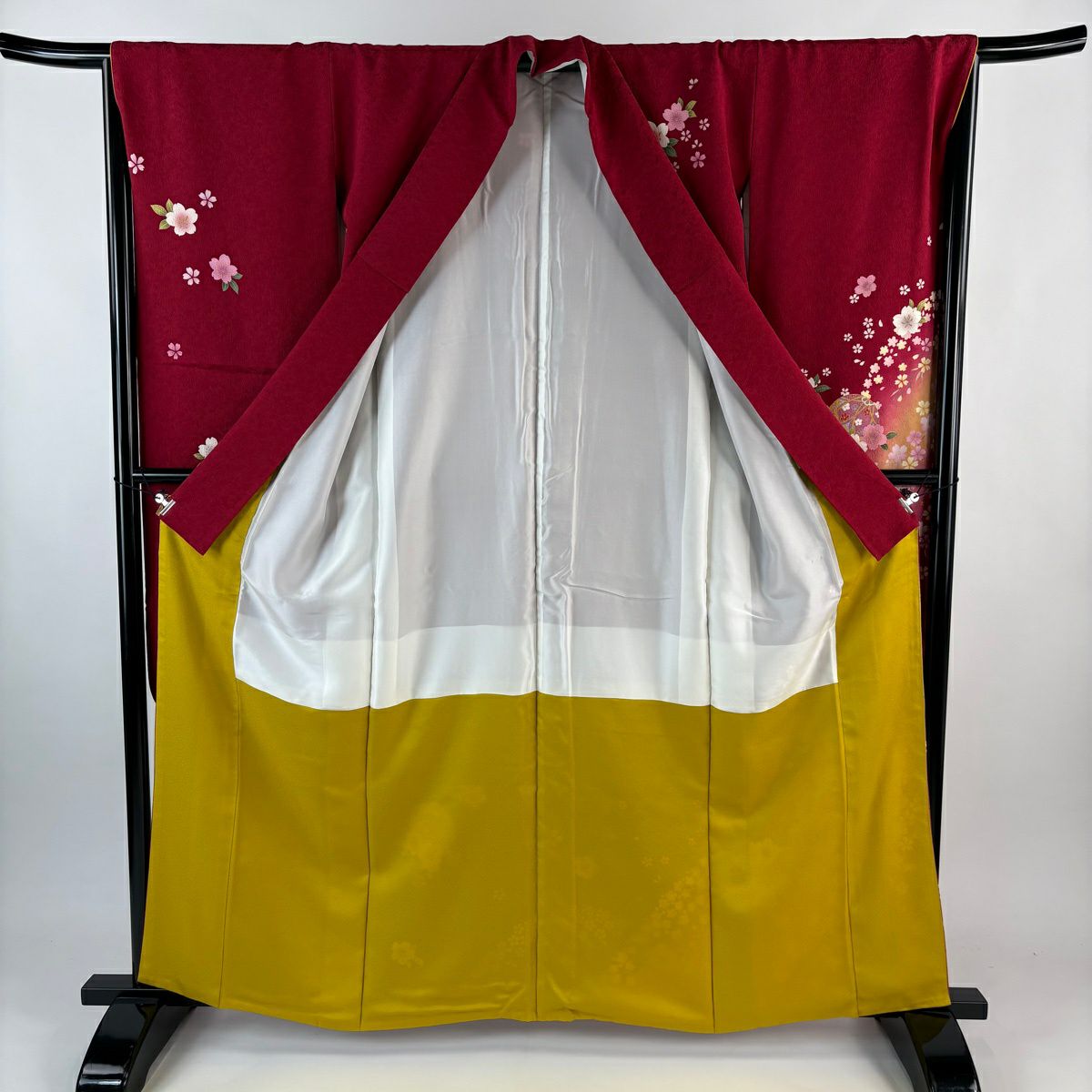 【美品】振袖禮服 身長160cm 袖長66cm M 雙層 手鞠 櫻花 金銀彩 紅 純蠶絲 名品級