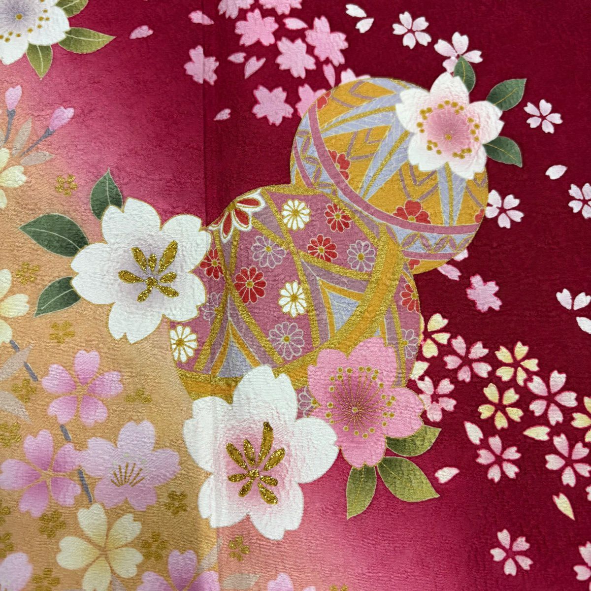 【美品】振袖禮服 身長160cm 袖長66cm M 雙層 手鞠 櫻花 金銀彩 紅 純蠶絲 名品級