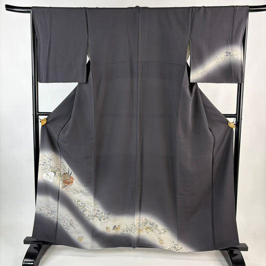 訪問服 身長159cm 袖長67cm M 雙層 鶏 草花紋紋 漸層 墨 黑 純蠶絲 名品級