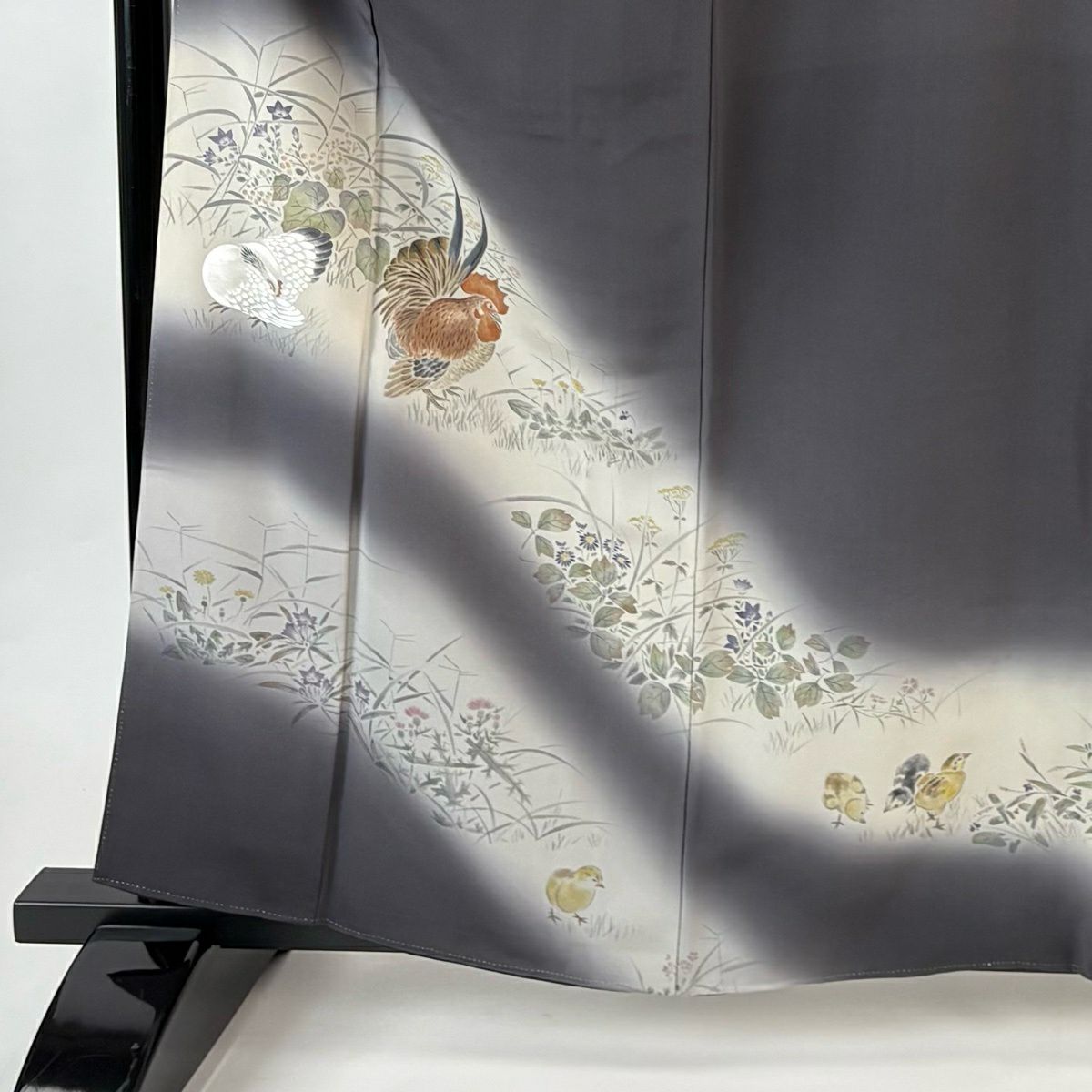 訪問服 身長159cm 袖長67cm M 雙層 鶏 草花紋紋 漸層 墨 黑 純蠶絲 名品級