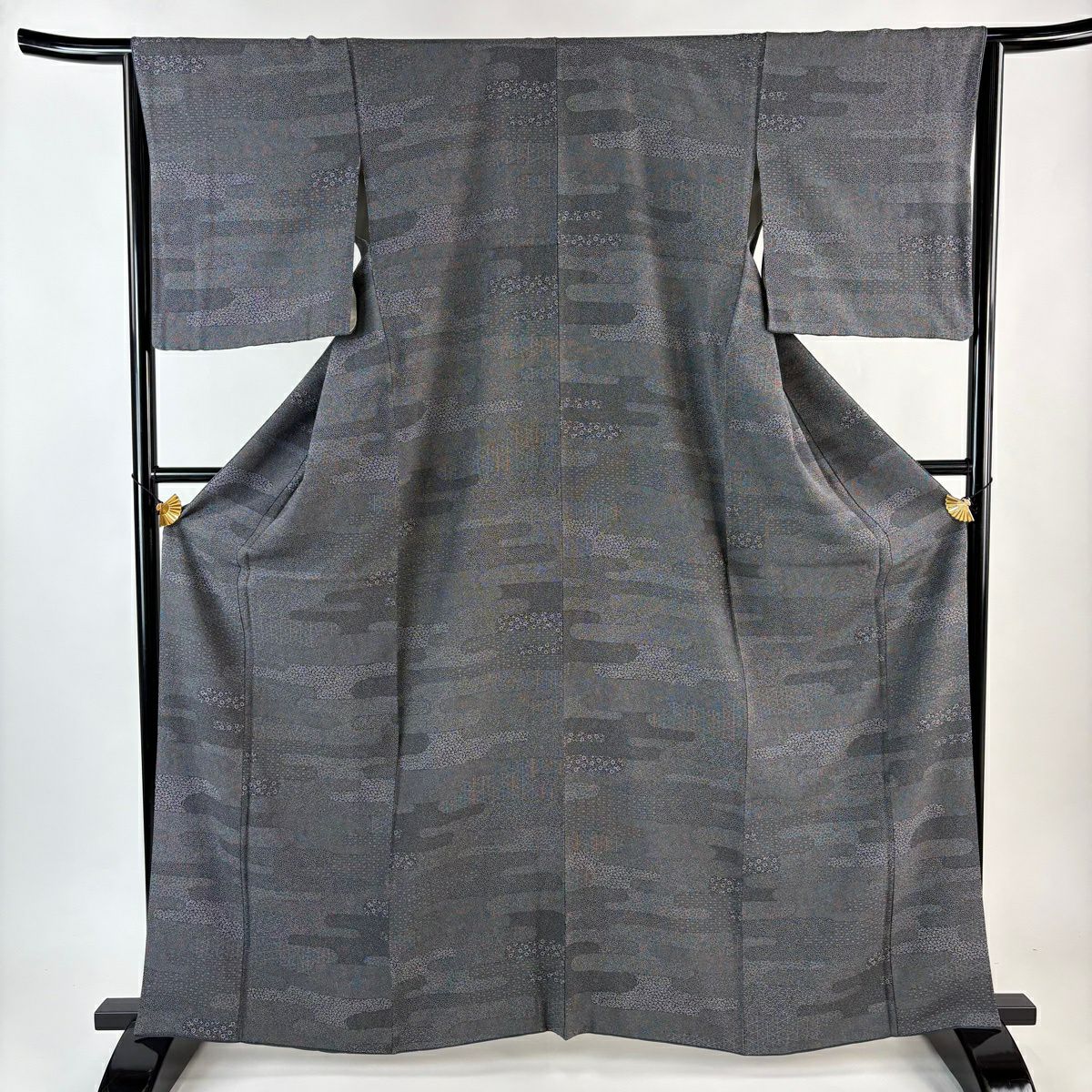 江戶小紋 身長162.2cm 袖長65cm M 雙層 寄せ柄 ヱ霞 黑灰 純蠶絲 名品級