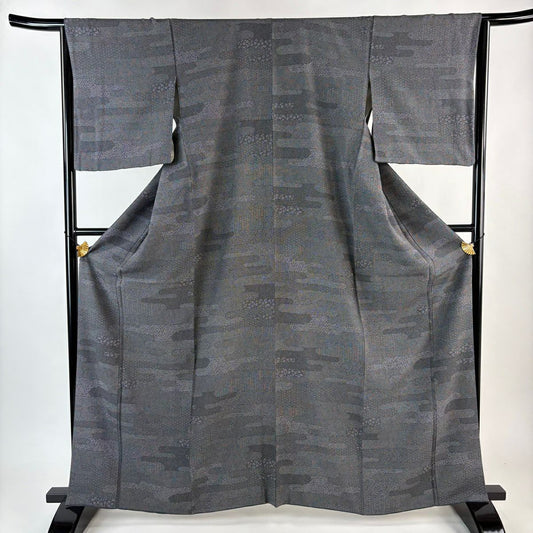 江戶小紋 身長162.2cm 袖長65cm M 雙層 寄せ柄 ヱ霞 黑灰 純蠶絲 名品級