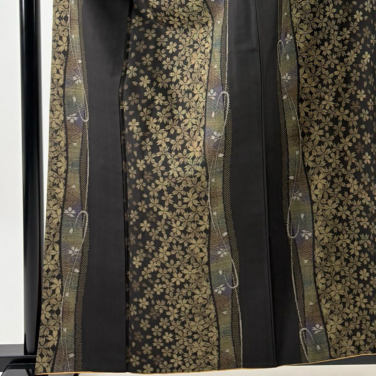 紬織 身長159.5cm 袖長66cm M 雙層 櫻花 流水 焦茶 純蠶絲 名品級