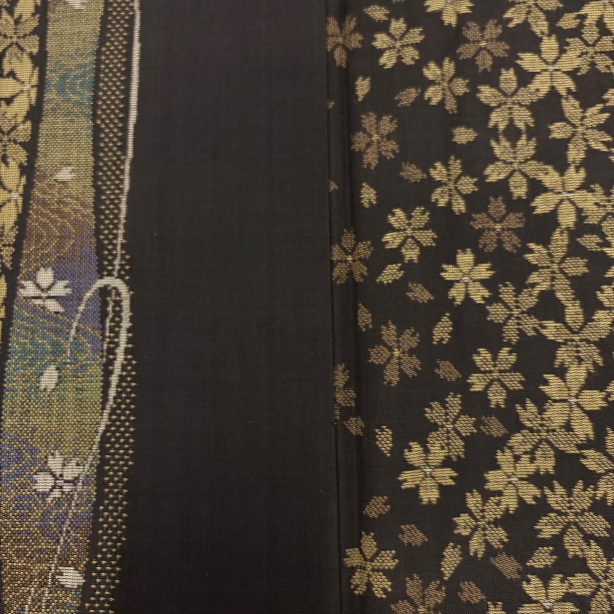 紬織 身長159.5cm 袖長66cm M 雙層 櫻花 流水 焦茶 純蠶絲 名品級