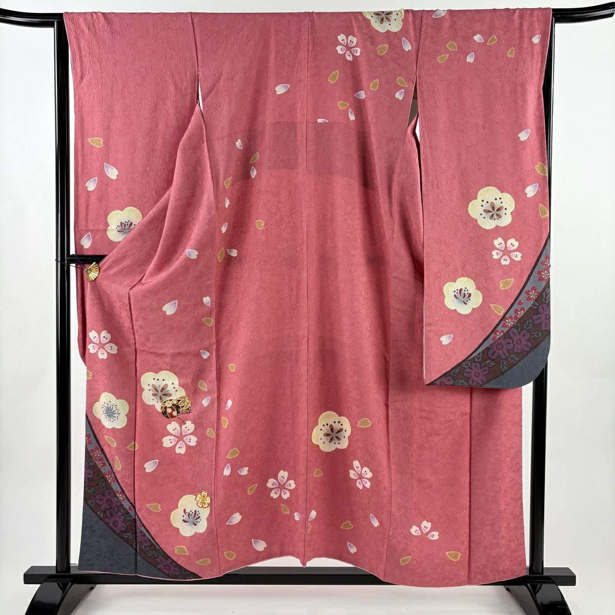 振袖禮服 身長156cm 袖長67cm M 雙層 手鞠花 金糸刺繡 粉紅 純蠶絲 名品級