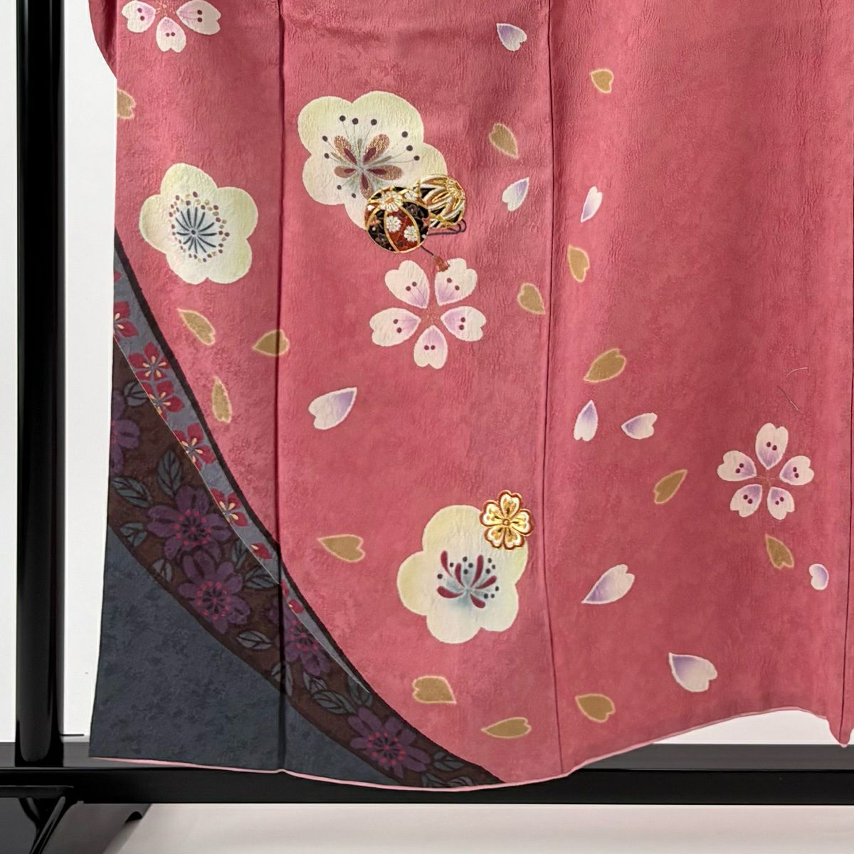 振袖禮服 身長156cm 袖長67cm M 雙層 手鞠花 金糸刺繡 粉紅 純蠶絲 名品級