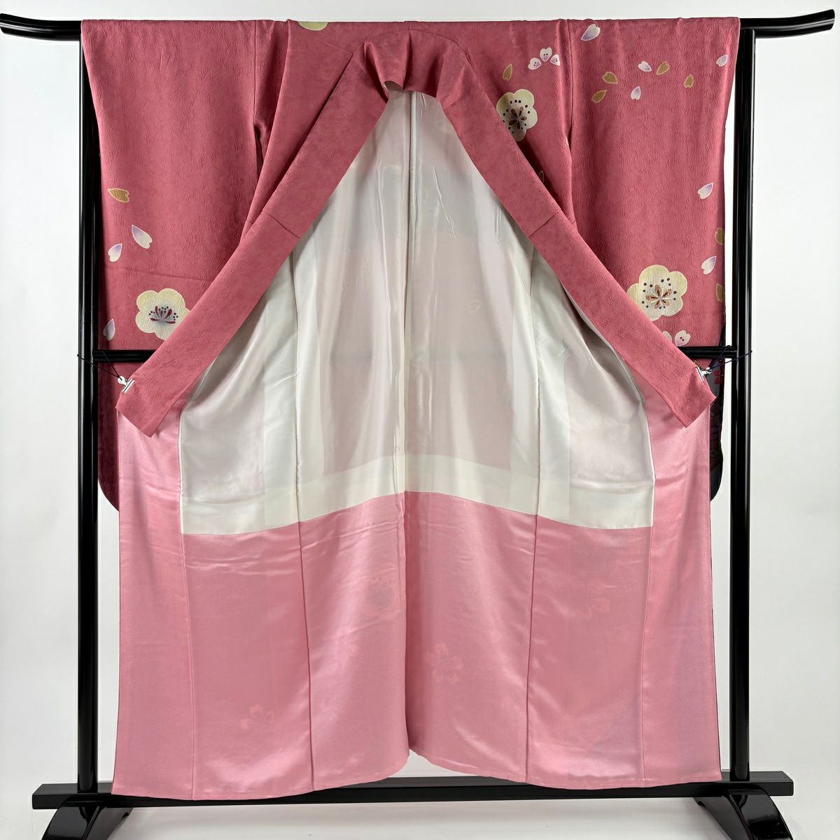 振袖禮服 身長156cm 袖長67cm M 雙層 手鞠花 金糸刺繡 粉紅 純蠶絲 名品級