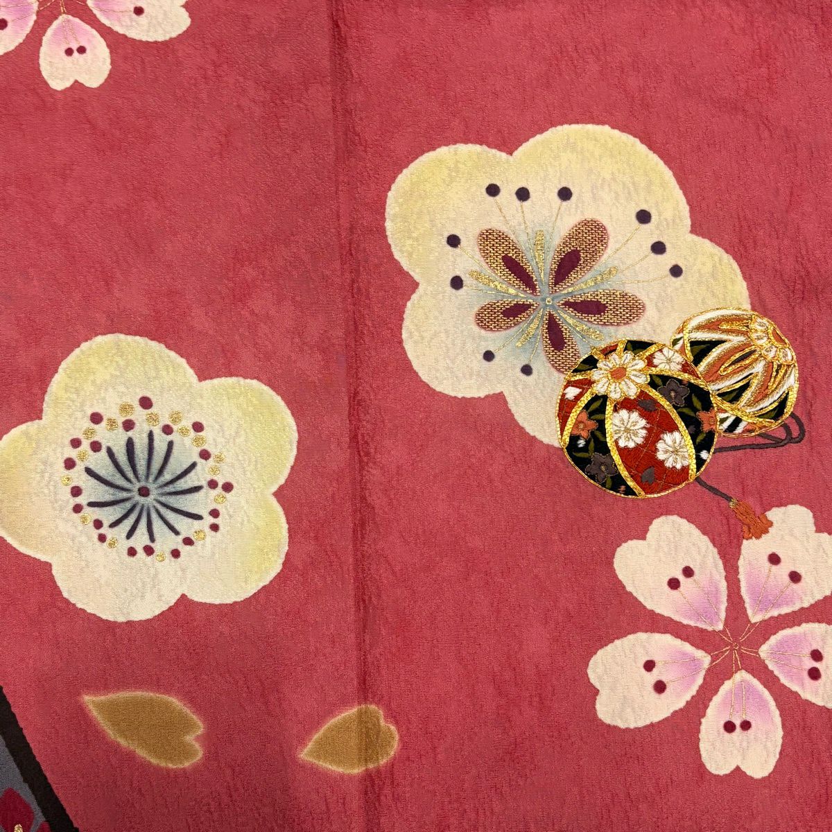 振袖禮服 身長156cm 袖長67cm M 雙層 手鞠花 金糸刺繡 粉紅 純蠶絲 名品級