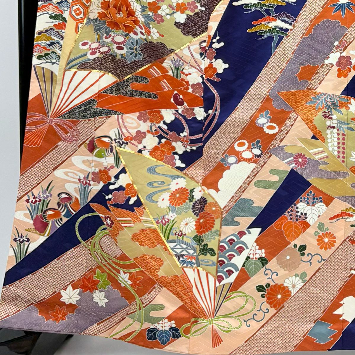 振袖禮服 身長163cm 袖長68.5cm L 雙層 扇子 鴛鴦 金絲 金銀彩 青紫 純蠶絲 名品級