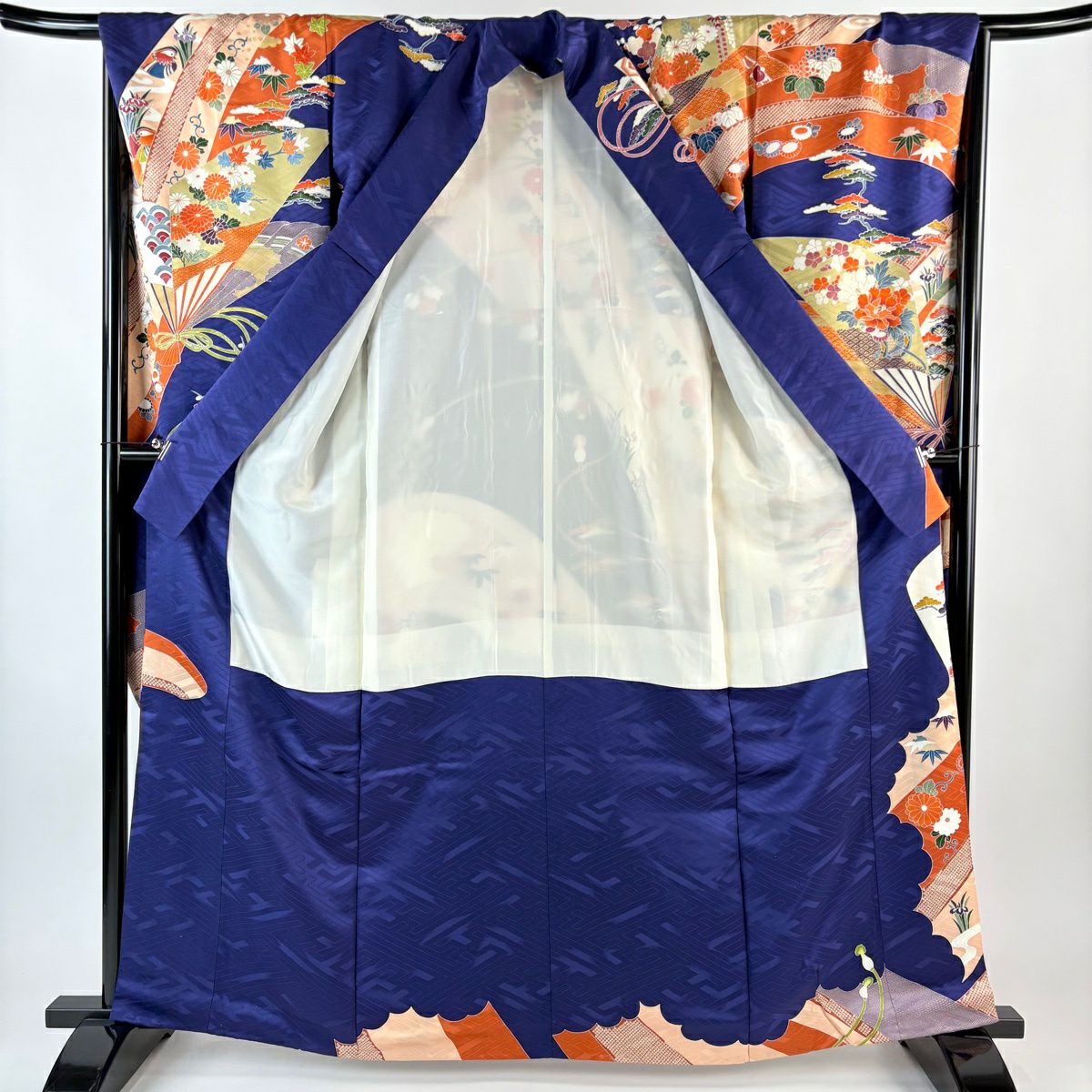 振袖禮服 身長163cm 袖長68.5cm L 雙層 扇子 鴛鴦 金絲 金銀彩 青紫 純蠶絲 名品級