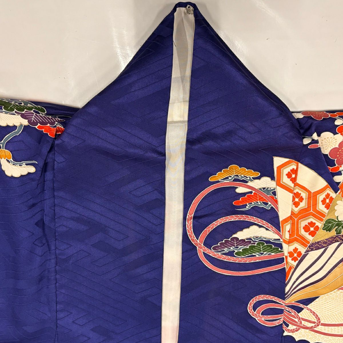 振袖禮服 身長163cm 袖長68.5cm L 雙層 扇子 鴛鴦 金絲 金銀彩 青紫 純蠶絲 名品級