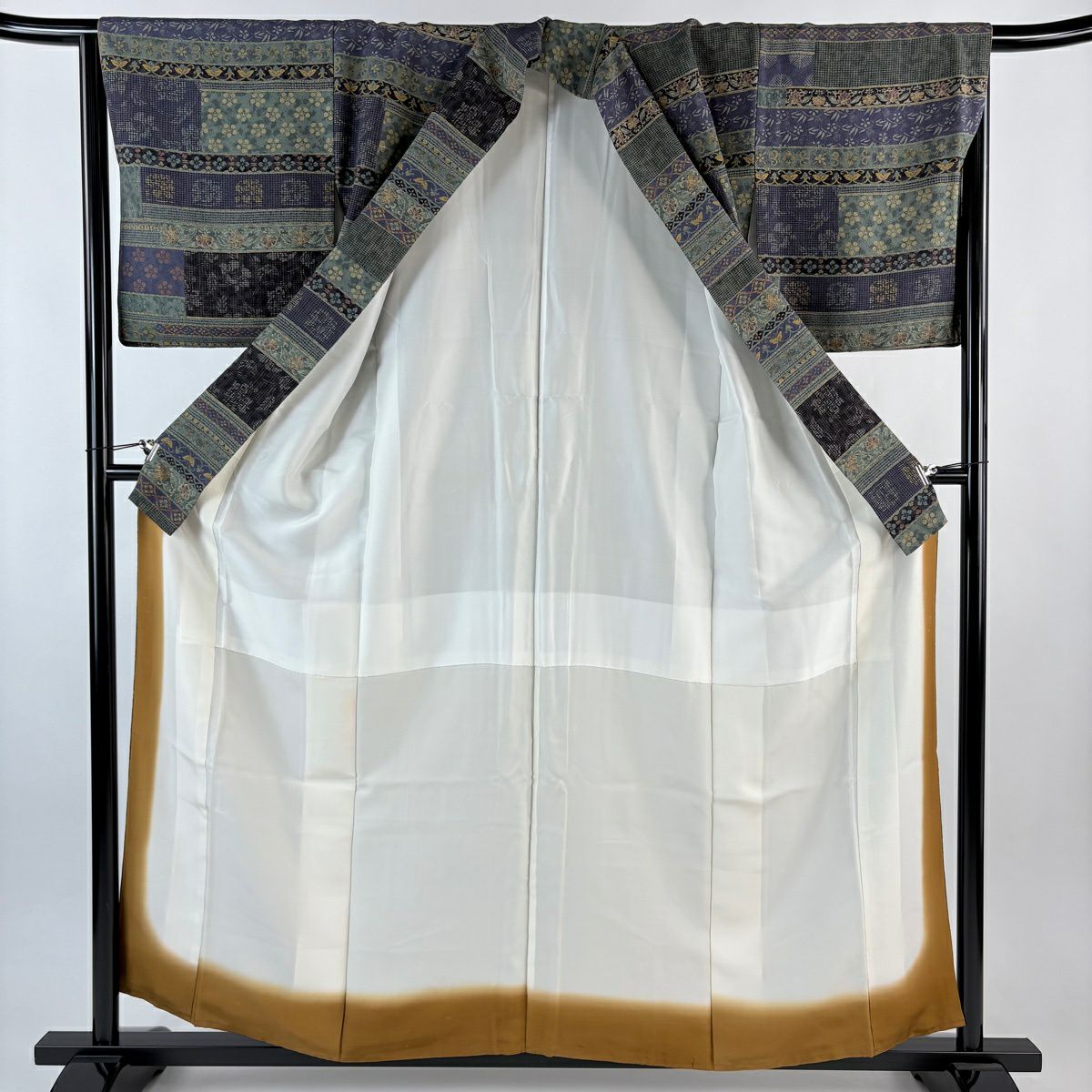 小紋 身長157cm 袖長66cm M 雙層 草花紋紋 段縞圖案 灰綠 純蠶絲 名品級