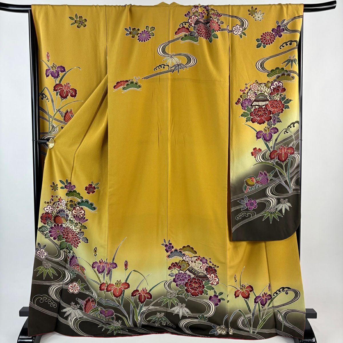 【美品】振袖禮服 身長170cm 袖長70.5cm L 雙層 鴛鴦 花與蝶 漸層 黃土色 純蠶絲 名品級